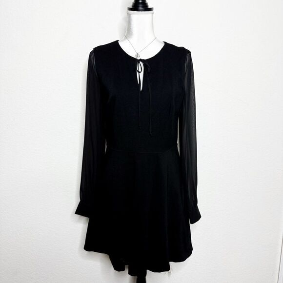 CeCe Women's Black Long Sleeve A-Line Mini Dress with Sheer Sleeves Size 8 - Picture 1 of 10